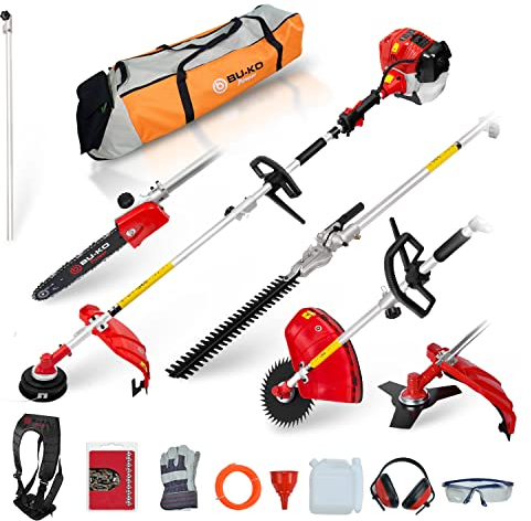 BU-KO 52cc Motorsense Benzin-Gartengerät: Strimmer, Freischneider, Ausziehbare Heckenschere, Kettensäge 75cm, Verlängerungsstangen, Werkzeugtasche
