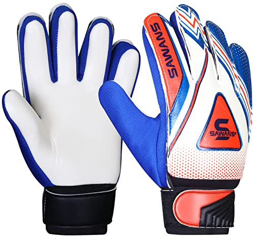 SAWANS Football Goalkeeper Gloves Boys Kids Children Youth Adult Soccer Goalie Protection Goal Keeping Gloves Finger Support Wrist Junior Anti Slip Palm (Size 4 for 6 to 9 year old, Blue/White)