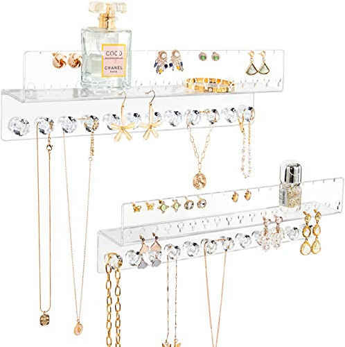 Oaque Acrylic Hanging Jewelry Organizer Wall Mounted Jewelry Holder with Floating Shelf, Necklace Holder Organizer and Stud Earring Organizer for Women Girls (2 Pack)