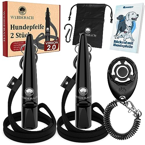 Weidebach® 2X Hundepfeife mit lautem und gleichbleibendem Ton für Training mit Hund, genormte Frequenz, angenehmes Band und Mundstück, inkl. E-Book + Leckerlibeutel für gelungenes Rückruftraining