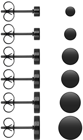 Yolev 6 Paar Ohrringe Schwarz Edelstahl Ohrstecker Unisex Runde Flat Top Ohrstecker Herren Damen Ohrringe (3mm - 8mm)