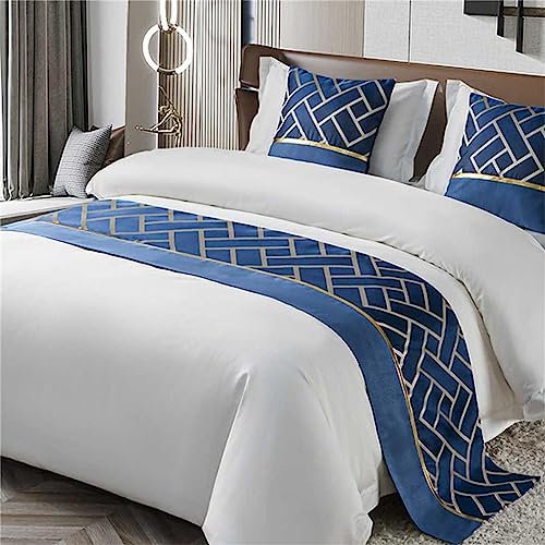 Morbuy Runner Letto con Cuscini, Estivo Corridore del Letto Morbido Confortevole Sciarpa da Letto Modern Scarf Runner Hotel Bed Runners Decorazione Letto Matrimoniale (Blu Scuro Oro,50x260+50x50cm)