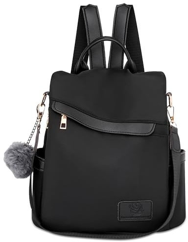 (DEEVORCA) Anti Theft Backpack for Women – Elegant Waterproof Nylon Rucksack with Multiple Pockets, Lightweight Durable Convertible Shoulder Bag for Work, Travel & Everyday Use (Elegant Black,L)
