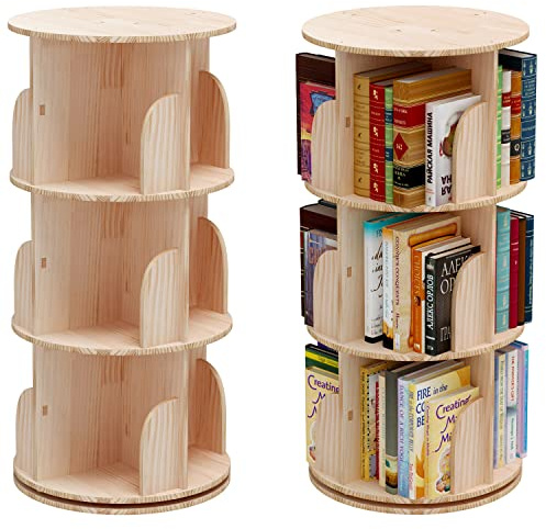 PTUWODS Estantería giratoria de 360 grados para niños y adultos, estantería multifuncional de madera maciza (3 estantes)
