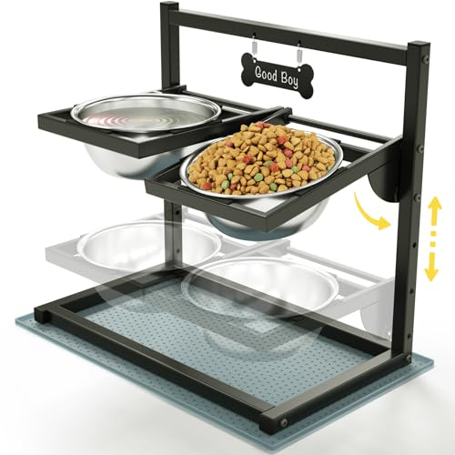 Eanilnaz Hundenapf Erhöht mit 4 Höhenverstellbaren 10° Geneigten 2 Edelstahl-Hundenäpfe (1,5L x 2) und Auslaufsichere Matte, Futternapf Hund Erhöht, Perfekte stabile Ständer für Hundenapf