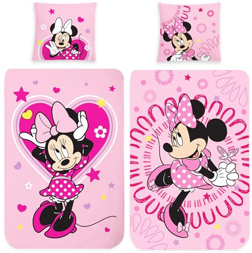 Minnie Mouse - Biancheria da letto double-face in flanella per bambini, 135 x 200 + 80 x 80 cm, 100% cotone flanella di qualità Minnie Mouse Disney Topolino Rosa Love con chiusura lampo