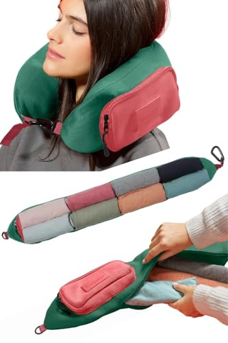 PAGONGO TRAVELLERO Cuscino da Viaggio Riempibile con Vestiti, Taglia Media | Cuscino Aereo, Borsa Cuscino, Viaggio Accessori Utili, Accessori Viaggio, Kit Viaggio (Verde e Corallo, Media)