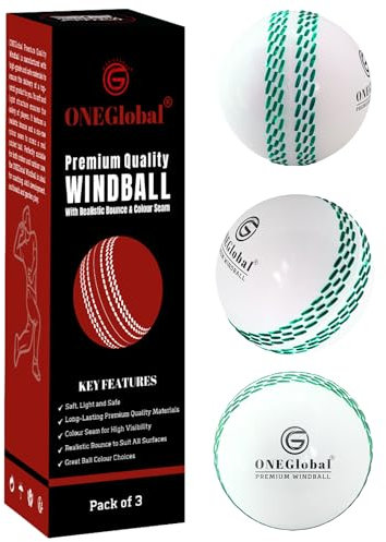 ONEGlobal Premium-Windball, weicher Cricketball, langlebig, farbige Naht, echtes Springen und Schwung, Windball, Cricketbälle für Innen- und Außenbereich, Training, Garten- und Strandspiele (3 weiß