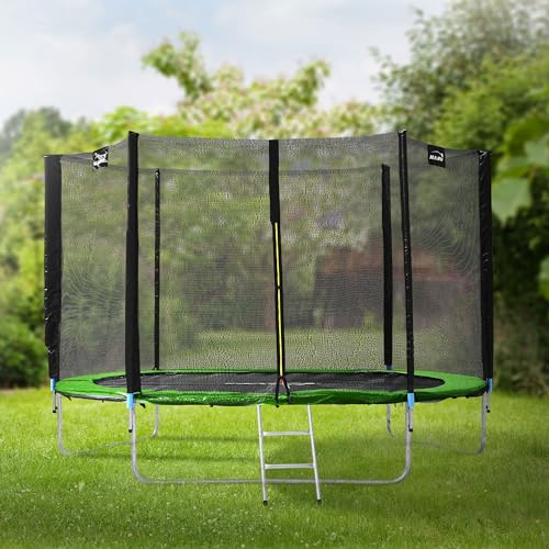 Hauki Trampolin Outdoor, Ø305 cm, Grün, GS geprüft, Rundes Gartentrampolin für Kinder bis 150 kg, Komplettset mit Sicherheitsnetz, Leiter, Randabdeckung, Gepolsterte Stangen, Stabile Kindertrampolin
