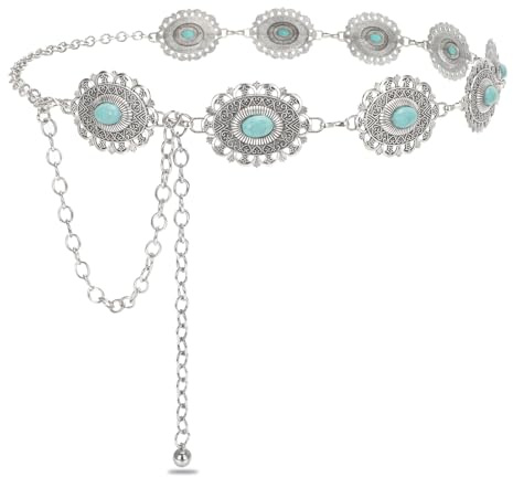 SUOSDEY Dam Western Concho-bälte silver guld boho midjekedja justerbart lantligt metallbälte för jeansklänning, E-silver (turkos), Fit for waist up to 44''