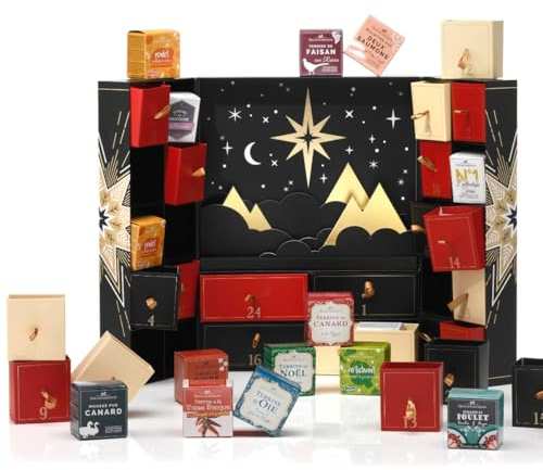 Calendario dell'Avvento Feinkost Gascogne Gourmet 2025 con delizie di punta dalla Francia. Nobili specialità come fegato d'anatra, paté, selvaggina, terrine e dolci. Per gli intenditori