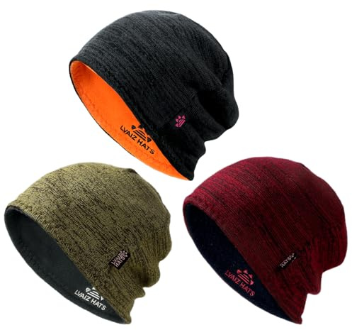 3 Pack Reversible Winter Fleece Lined Beanie Hats for Men Women Warm Windproof Cotton Stretchy Knitted Skull Caps