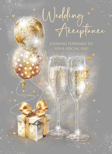 Cherry Orchard | Elegant Wedding Acceptance Card | RSVP Wedding Invite | Sparkling Champagne Flutes & Balloons | Beautiful Gold Foil | Complete with Envelope