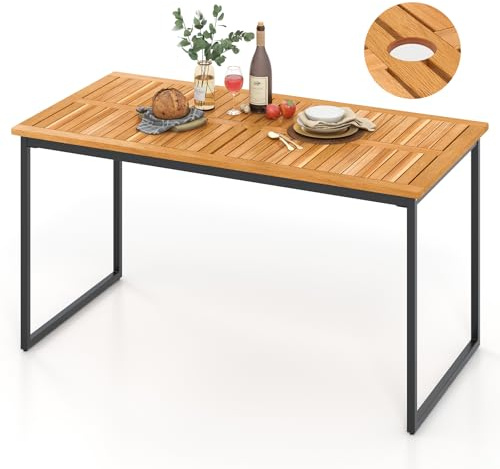 KOMFOTTEU Table à Manger de Jardin avec Trou pour Parasol, Table à Manger en Bois d'acacia pour 6 Personnes, 140 x 70 x 73 cm, Extérieur & Intérieur, Tables de Cour avec Jambes en Métal