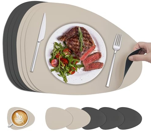 KitchenBoss Manteles Individuales Lavables y Posavasos: Juego de 6 Mantel Individual Doble Cara Salvamanteles Individuales para Cocinas, Mesas de Comedor y Oficinas, Gris Carbón + Beige, 40x30cm