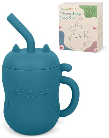 MCGMITT Vaso Aprendizaje Bebé 2 en 1, Vaso de Silicona con Pajita y Vaso Abierto, Antiderrame con Asa y Tapa, Sin BPA, 150 ml, Regalo para Bebés 6-12 Meses (Azul)