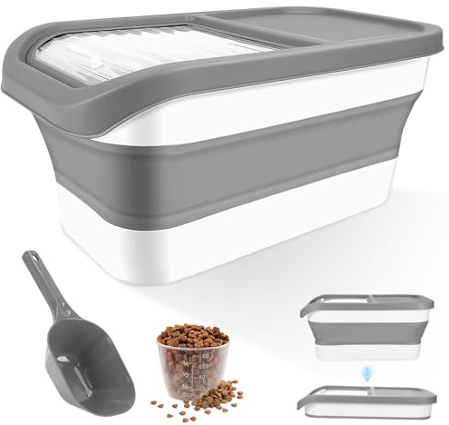 Porta Crocchette Cani con Coperchio Scorrevole Trasparente, Misurino e Pala, Contenitore Cibo Cane Gatto Pieghevole, Contenitori Croccantini Ermetico, Scatola di Alimenti per Animali Domestici(Grigio)