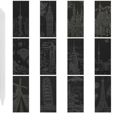 Hopzab 12 Sheets Scratch Art Paper with Tools Kit, Famous Landmarks Art for Adults, A5 Size, Non-Toxic Material, Stress Relief Painting Fun