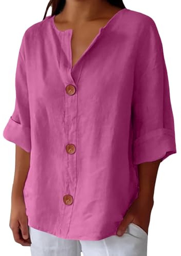 Camicia Donna Lino Cotone Elegante Curvy Estiva Camicette Tinta Unita con Bottoni Casual Blusa Manica Corta Scollo a V Maglietta di Lino Leggera Confortevole Traspirante Tshirt, Tops Taglie Forti