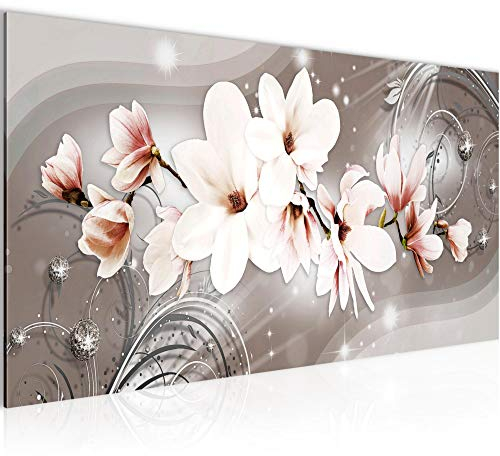 Runa Art Wandbild Blumen Magnolien 1 Teilig 100 x 40 cm Modern Bild auf Vlies Leinwand Abstrakt Wohnzimmer Beige Braun 006212a