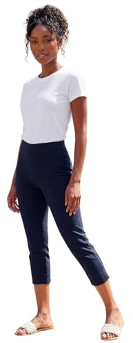 Roman Cropped Trousers for Women UK Ladies Capri Leggings Summer Pants Short Crop Stretch 3/4 Length Three Quarter Pedal Pusher Clothes Elasticated Bengaline Cut Off - Navy Blue - Size 14