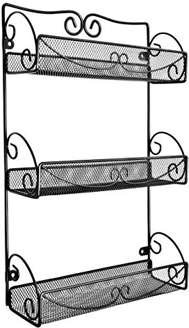Amtido Spice Rack | 3 Tier Wall Mounted Seasoning Storage Organiser Rack | Inside Kitchen Cupboard Door Storage for Herbs and Spices Jars | Metal Mesh Bronze