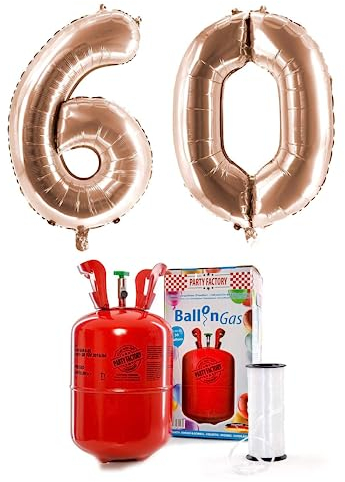 PARTY FACTORY Helium Set 60 mit XXL Zahlenballons, Ballongas und Ballonschnur - für Geburtstag, Jubiläum, Jahrestag; Gold, Silber, Schwarz, Pink, Rosa, Rosagold, Bunt (Roségold)
