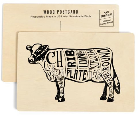 Beef, Butchers Block Meat Cuts, Black Cow on White (4x6 Birch Wood Postcards, 2-Pack Stationary, Rustic Home Wall Decor)