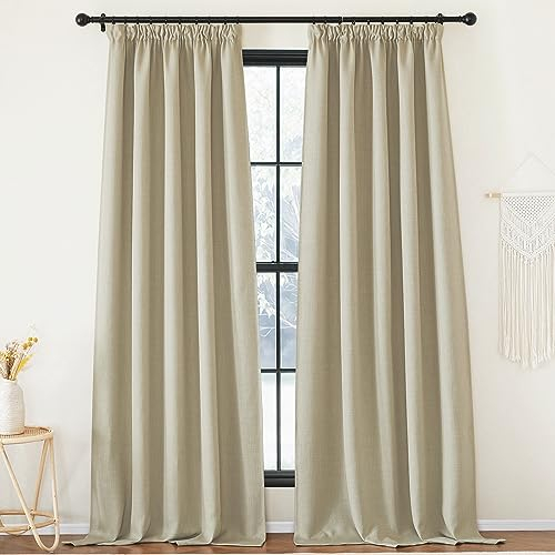 PONY DANCE Linen Curtains with Wrinkle Tape Opaque 2 Pieces H 245 W 140 cm Linen Look for Living Room Blackout Curtains Thermal Cold Protection Cream
