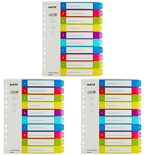 Leitz Register für A4, PC-beschriftbares Deckblatt und 10 Trennblätter, Taben mit Zahlenaufdruck 1-10, Überbreite, Mehrfarbig, Polypropylen, WOW, 12430000 (Packung mit 3)
