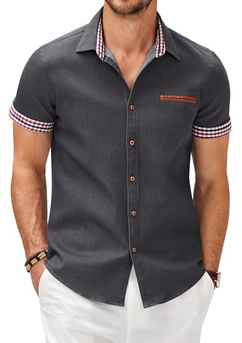 COOFANDY Chemise Homme Manches Courtes Chemise en Jean d'Été Légère Décontractée en Coton Style Western Cowboy Business Casual Chemises Denim Élégante Slim Fit Gris-B L