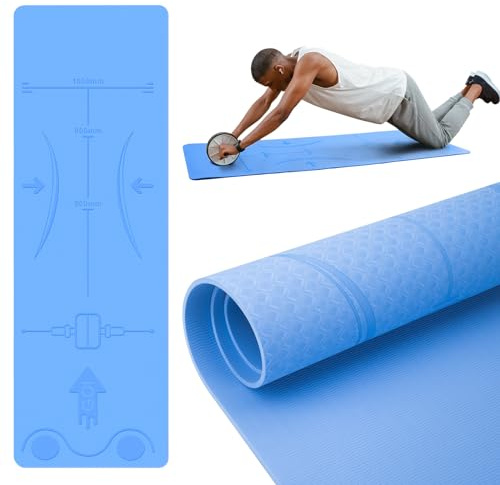 HEDUGO Exercise Equipment Mat for Ab Roller Wheel, Non Slip Abdominal Knee Mat, 6mm Thick Home Gym Floor Pad for Yoga, Pilates, 72L X 24W X 0.24Th, TPE, Blue
