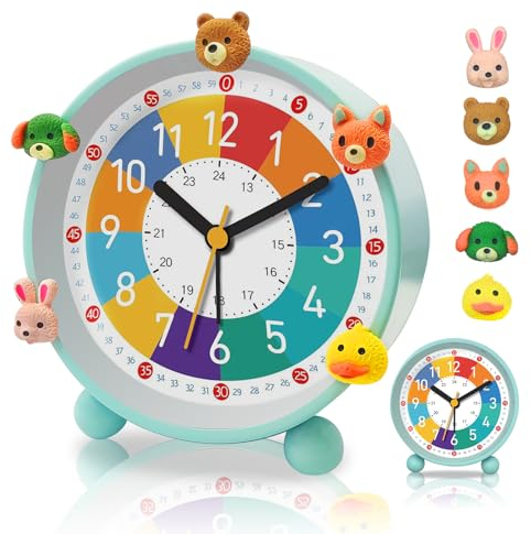 PIXESTT Reveil Enfant, Reveil Enfant Educatif Jour/Nuit IdéAl pour êTre à L’Heure à L'ÉCole, sans Bruit De Tic-Tac avec Fonction Snooze Et Veilleuse, Livré avec 5 Adorables DéCorations De RéVeil Vert