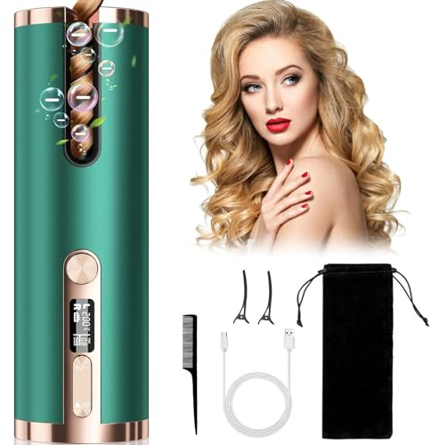 Automatic Hair Curler, Cordless Hair Iron PTC Ceramic Hair Curling Negative Ion Portable 5200mAh Rechargeable USB Anti-Tangle 6 Temperature & Timer 5min Auto Off Curling Wand for Home/Travel Use