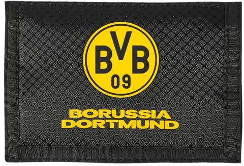 Borussia Dortmund BVB Geldbörse, schwarzgelber Fanartikel, Klettverschluss, Emble, 14 x 10 cm, Schwarz