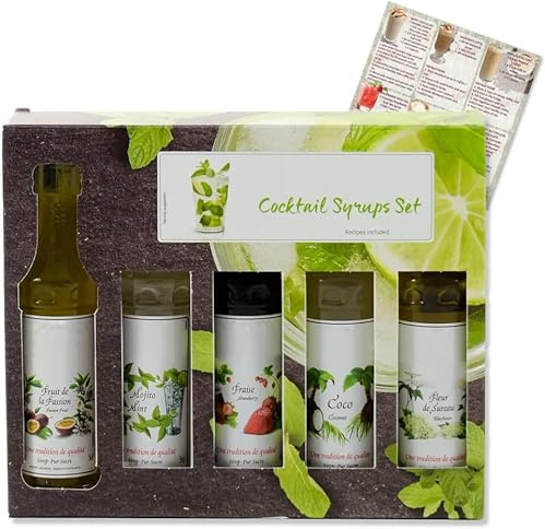 Monin Cocktail Syrups Gift Set with Passion Fruit, Mojito Mint, Strawberry, Coconut and Elderflower, Premium with Natural Flavours and Colourings, Includes Drink Recipe eBook