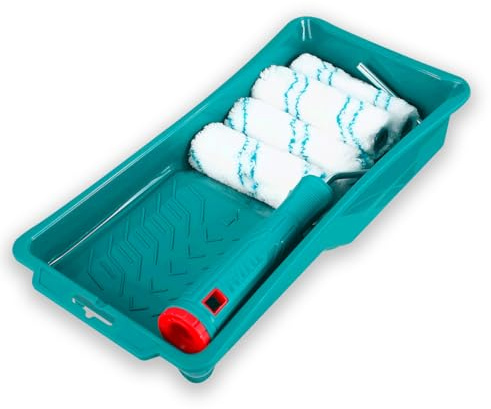 TOTAL - Set Rulli da Pittura - 6 Pezzi - Vaschetta + 4 Rulli in Poliestere Antigoccia - 100 mm - Supporto Ergonomico - Per Pittura da Interni - Blu