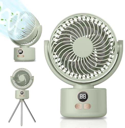 Tragbarer Tischventilator mit Verstellbarem Stativ, 3600 MAH, wiederaufladbar über USB-C, Camping Ventilator,Mini Ventilator,3 Geschwindigkeiten + Oszillationsfunktion, leise für Zuhause/Büro/Reisen