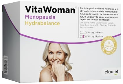 Vitawoman MENOPAUSIA HYDRABALANCE - Para los Síntomas de la Menopausia, Perimenopausia y Sequedad de Mucosas - Combate los Sofocos, Sudoración e Irritabilidad - Con Espino Amarillo - 60 Comprimidos