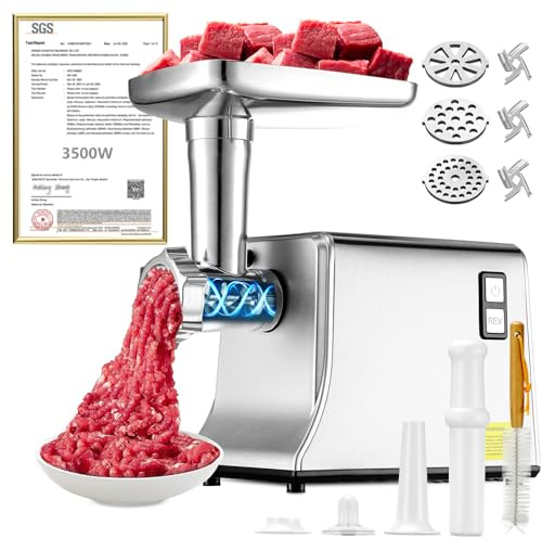 5.0 Upgrade Electric Meat Grinder【 3500W Super Motor】【SGS Certified SUS304 Blade & Plate】3-Second Fast Meat Grinding, Perfect For Meat Grinders For Home Use (SILVER)
