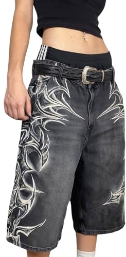 Pantaloncini in Denim Larghi da Uomo Y2K con Stampa Hip Hop alla Moda Casual a Gamba Larga Dritti da Skate Corti Pantaloni da Lavoro Larghi retrò Streetwear (Nero,L)