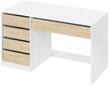 eSituro Escritoio con 5 Cajones, Mesa de Ordenador, Gran Espacio de Almacenaje, Escritorio para Oficina Estudio y Dormitorio, Mesa Tocador de Maquillaje, Blanco con Efecto Madera