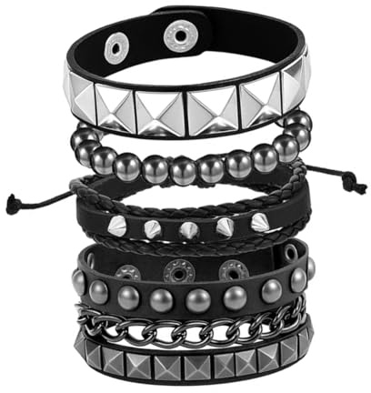 Alfven Punk Braccialetto in Pelle,4 pezzi Braccialetto regolabile rivetto Bracciale Punk in Pelle con Borchie bracciale borchie per uomini e donne,Pelle sintetica
