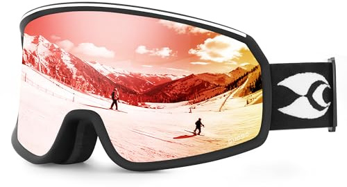 suoso Ski Goggles For Men Womens，OTG Skiing Goggles For Snowboard Jet Snow，Over Glasses 100% UV400 Protection-Anti-fog Anti-glare/Helmet Compatible, For Skiing Snowboarding-Black/Red