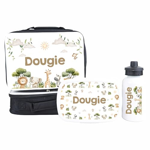 Crwban® - Personalised Insulated Lunch Bag, Snack Box and Water Bottle Set for Kids - Choice of Designs and Items with Custom Name Children's Back to School Lunch Set (Safari)