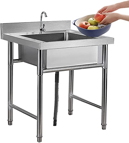 Lavello da appoggio in acciaio inox a vasca singola con rubinetto, lavello per ristorazione commerciale per lavanderia, garage, interni ed esterni, ristorante (19,7/23,6)