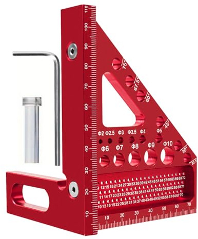Runsgo 3D Multi-Purpose Carpenter’S Triangle Square, High Precision Woodworking Tools, Aluminum Alloy Angle Measuring Tool with Drill Guide Holes, 0°–90° Protractor Layout Ruler (1, Red)