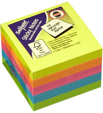Snopake 50 x 50 mm Neon Assorted Sticky Notes [Pack of 1, 400 Sheets per Pad] 13223, 13223s
