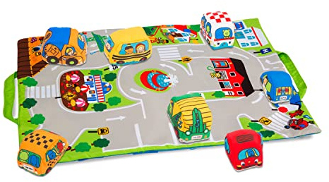 Melissa & Doug Take-Along Town Play Mat (19.25 x 14.25 inches) with 9 Soft Vehicles