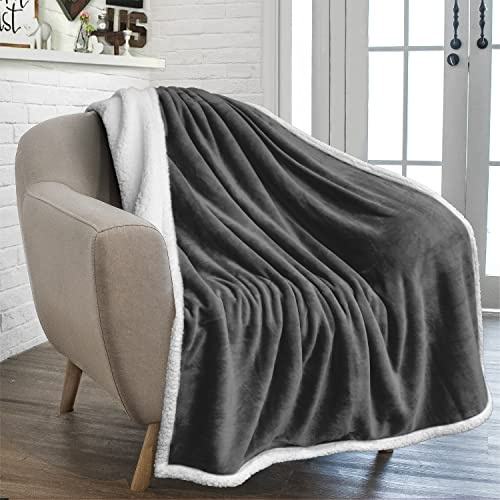PAVILIA Sherpa Fleece Throw Blanket for Couch, Dark Grey, Plush Soft Fuzzy Sofa Blanket, Cozy Reversible Winter Throw for Women Men, 50x60 Inches